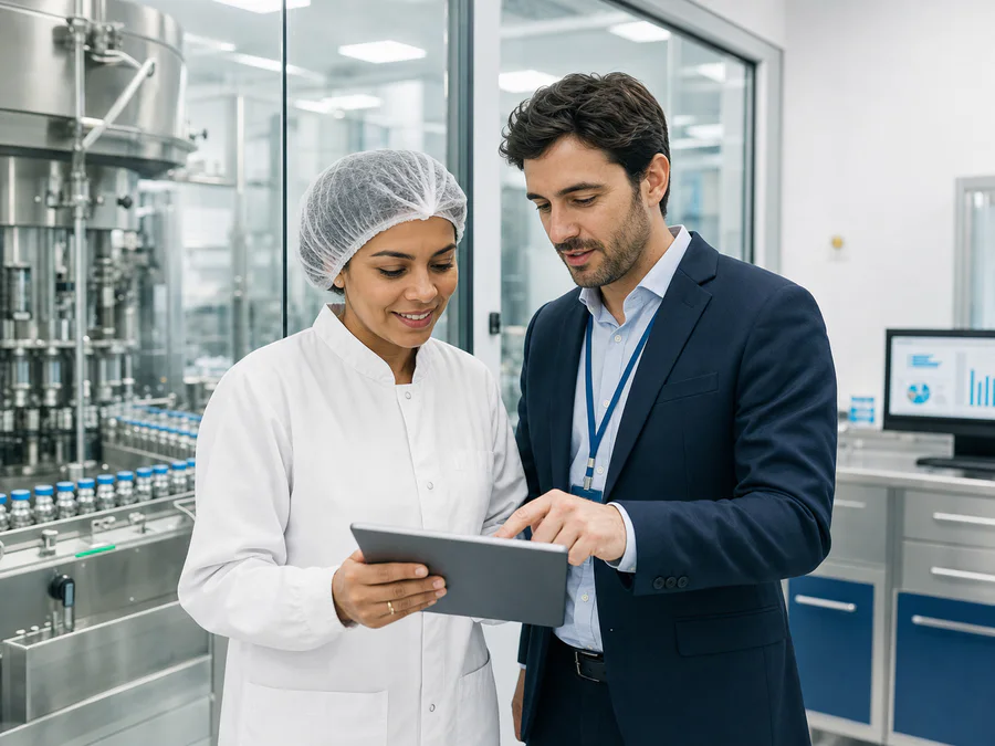 Especialistas em ambiente farmacêutico regulado avaliando processos