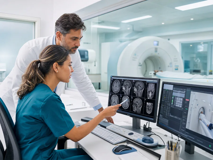 Equipe de centro diagnóstico analisando exames de imagem