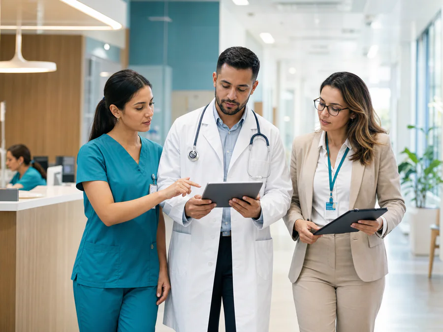 Equipe multidisciplinar em ambiente hospitalar moderno